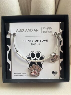 Alex and Ani Silver Paw Prints of Love Charm Bangle with Crystal Accent
